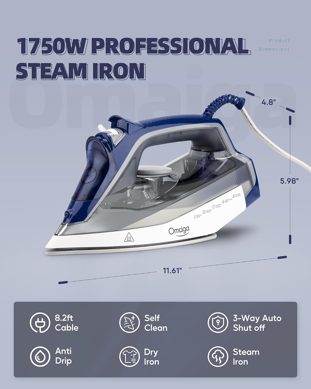 OMAIGA Steam Iron for Clothes, 1750W, Ceramic Soleplate, Large Tank, Grey