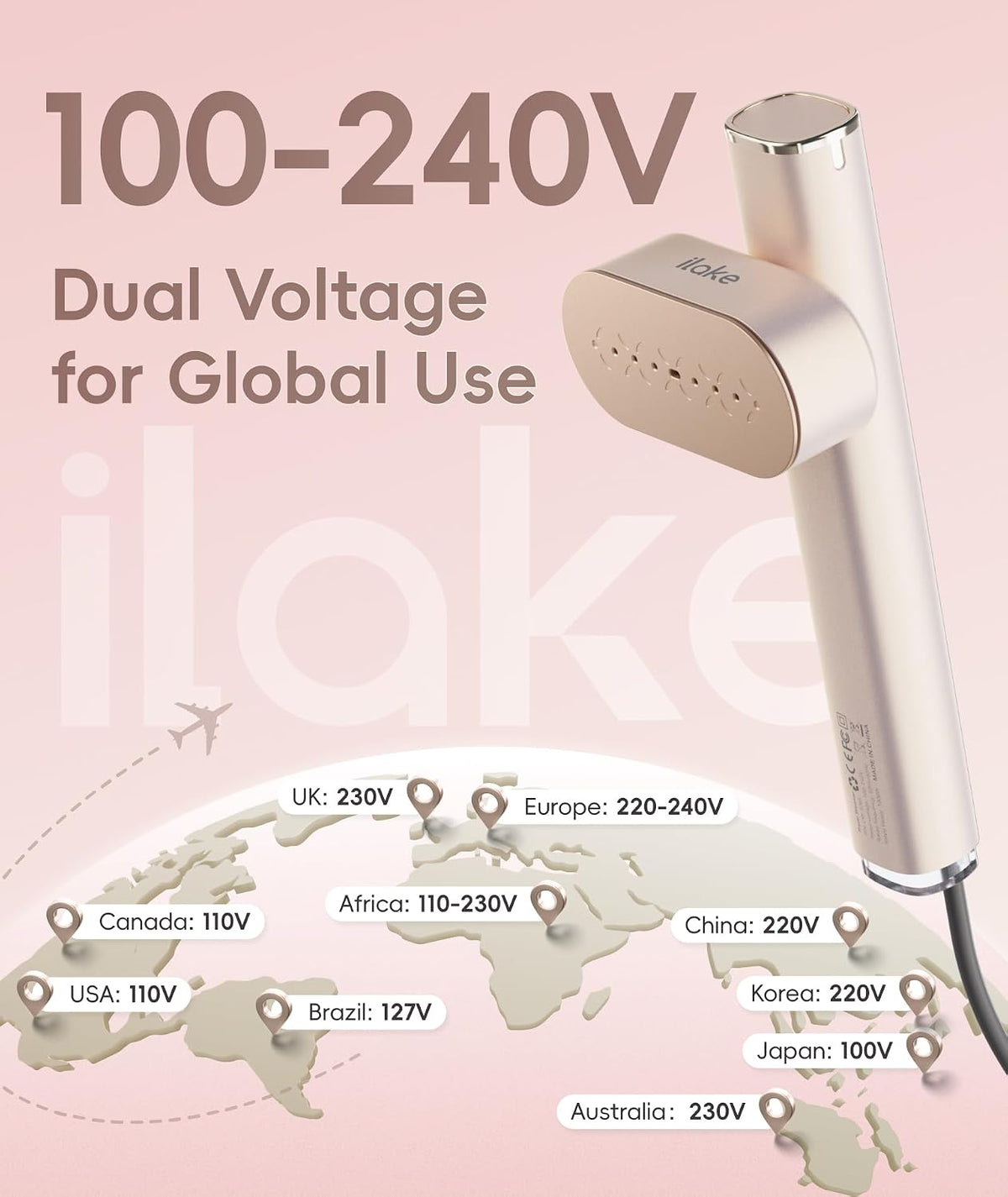 Travel Steamer for Clothes, 100-240V Dual Voltage Portable Garment Steamer, 1000W Travel Size Handheld Steamer & Iron 2 in 1 for Global & Europe Travel, Business, Home, Rose Gold，Gold