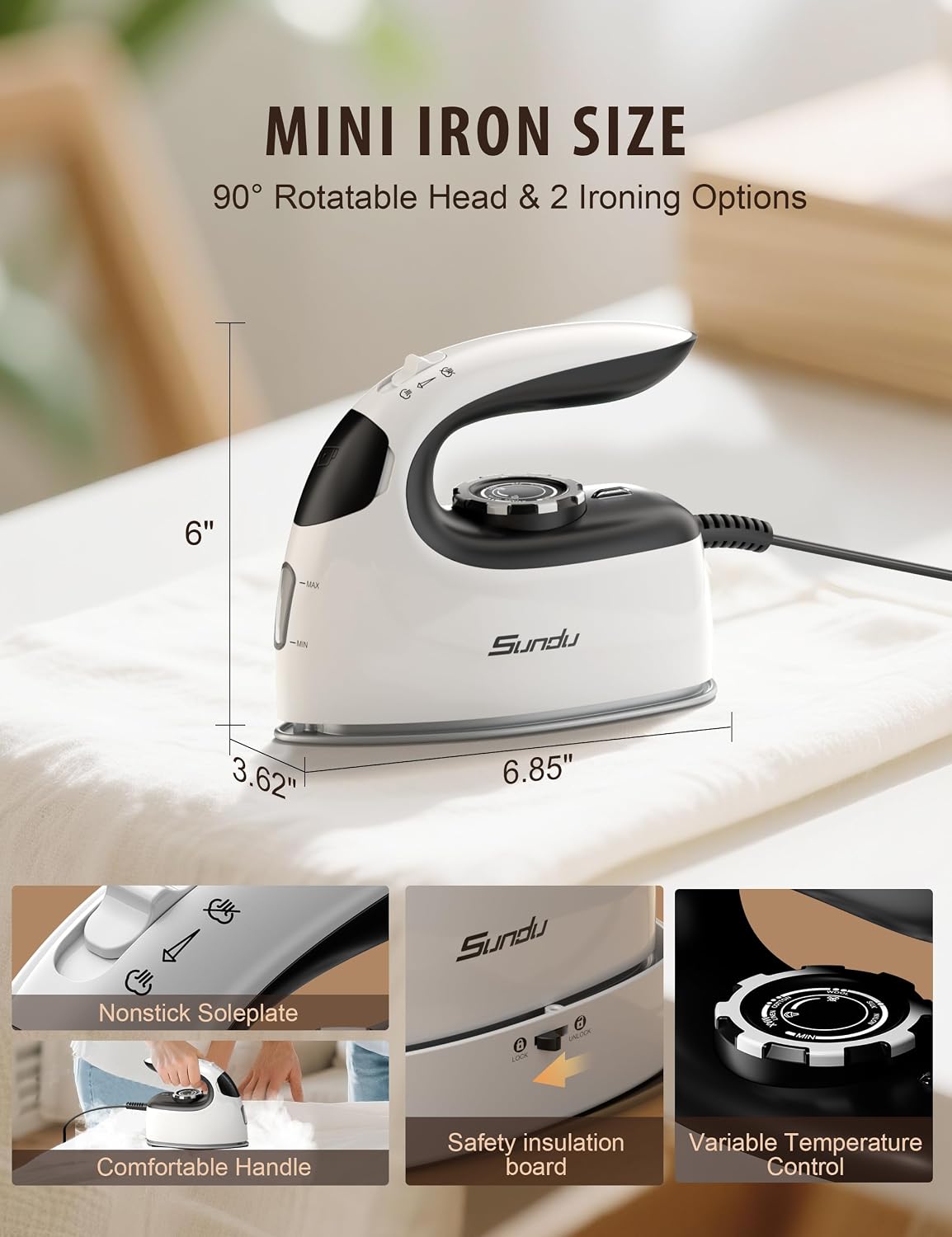 Sundu Mini Steam Iron with Rotary Temp Control for Travel & Sewing