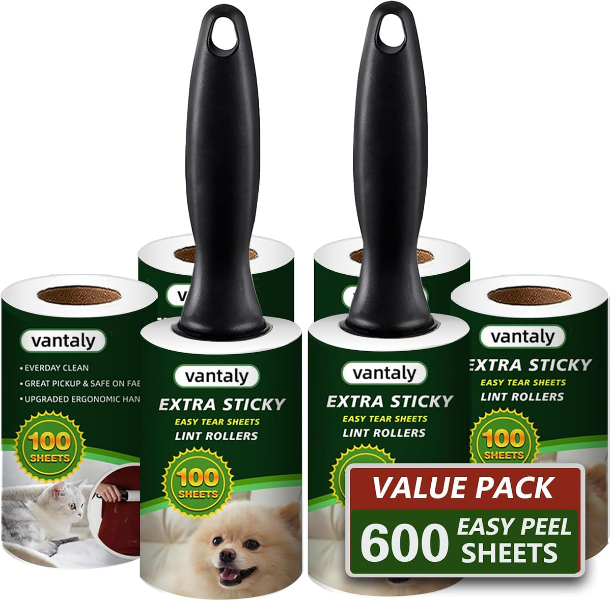 Lint Rollers for Pet Hair Extra Sticky, Lint Remover for Clothes, Clean The Hair on Sheeets Couch Furniture and Carpet,Dog lint Roller, 600 Sheets 2 Handles with 6 Rollers