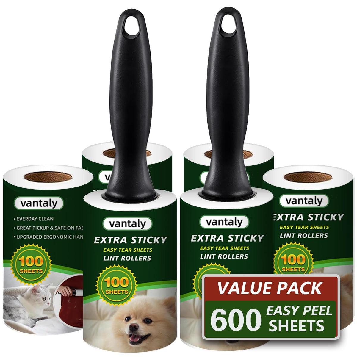 Lint Rollers for Pet Hair Extra Sticky, Lint Remover for Clothes, Clean The Hair on Sheeets Couch Furniture and Carpet,Dog lint Roller, 600 Sheets 2 Handles with 6 Rollers