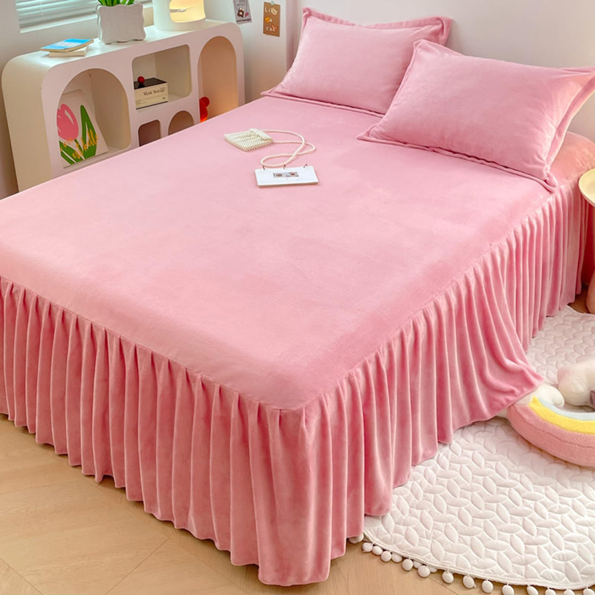 ZYFAB Winter Flannel Bed Skirt,Warm Thick Bed Cover Milk Velvet Bedspread Soft Cozy Bed Sheet Dust Ruffle Non-Slip Mattress Cover,C,150x200cmVersion A