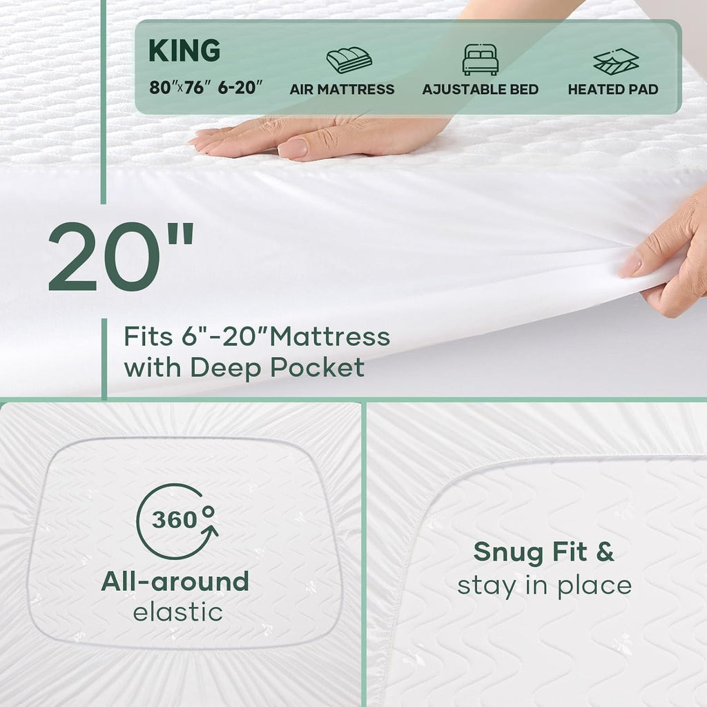 OhGeni Waterproof Mattress Protector,King Size Soft Bamboo Viscose Top Layer Pad,3D-Air Fabric Cooling Breathable Fitted Sheets,Washable Bed Cover,Deep Pocket Noiseless Over 99 Count Hex Bumps