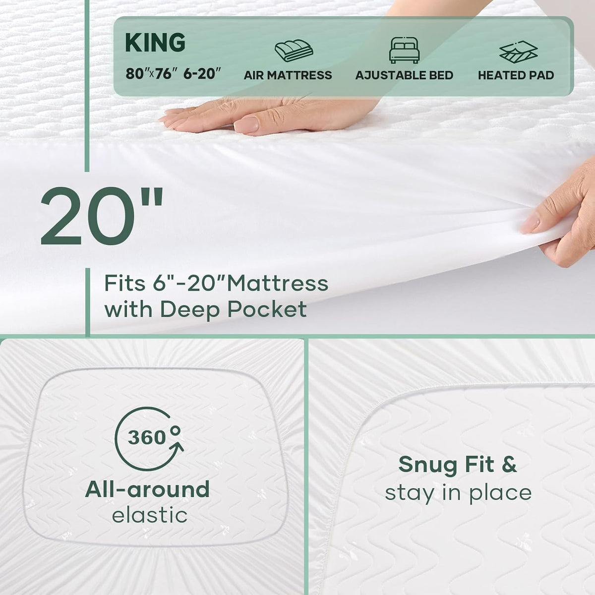 OhGeni Waterproof Mattress Protector,King Size Soft Bamboo Viscose Top Layer Pad,3D-Air Fabric Cooling Breathable Fitted Sheets,Washable Bed Cover,Deep Pocket Noiseless Over 99 Count Hex Bumps