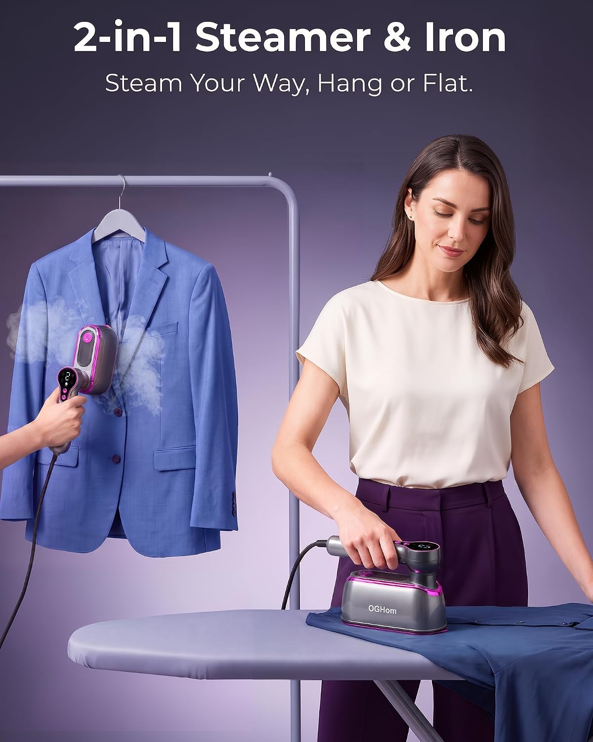 OGHom Travel Steamer for Clothes, 1200W Portable Handheld Garment Steamer with LCD Display, 4 Steam Levels & Dry Iron Mode, 20s Fast Heat-Up, 150ml Water Tank, Large Ceramic Heat Panel, Only for 120V