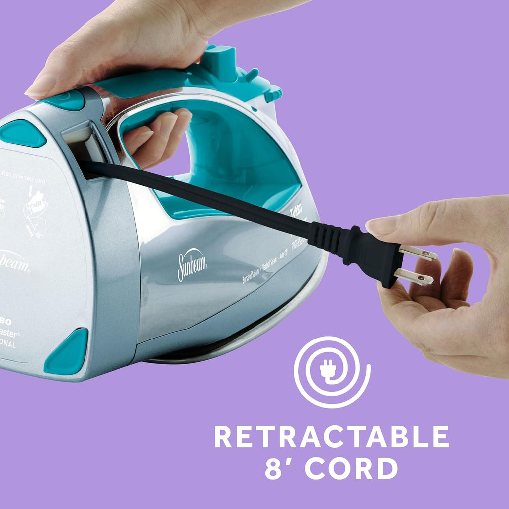Sunbeam Turbo Steam Iron 1400W Quick Heat Stainless Steel Soleplate Shot of Steam Horizontal and Vertical 3 Way Auto Off 240ml Water Tank White Teal