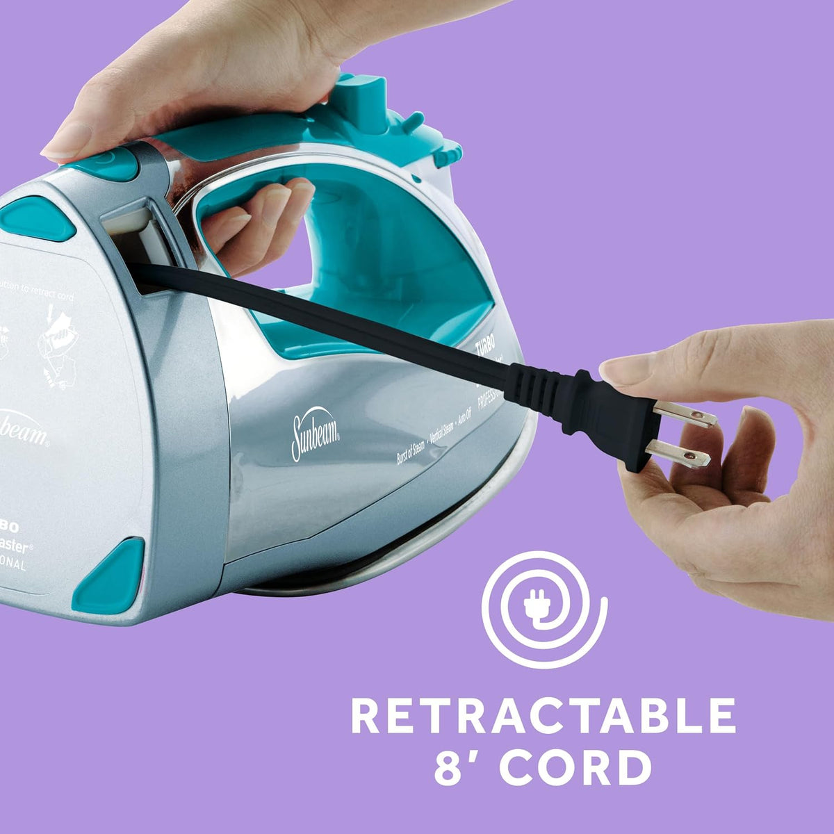 Sunbeam Turbo Steam Iron 1400W Quick Heat Stainless Steel Soleplate Shot of Steam Horizontal and Vertical 3 Way Auto Off 240ml Water Tank White Teal
