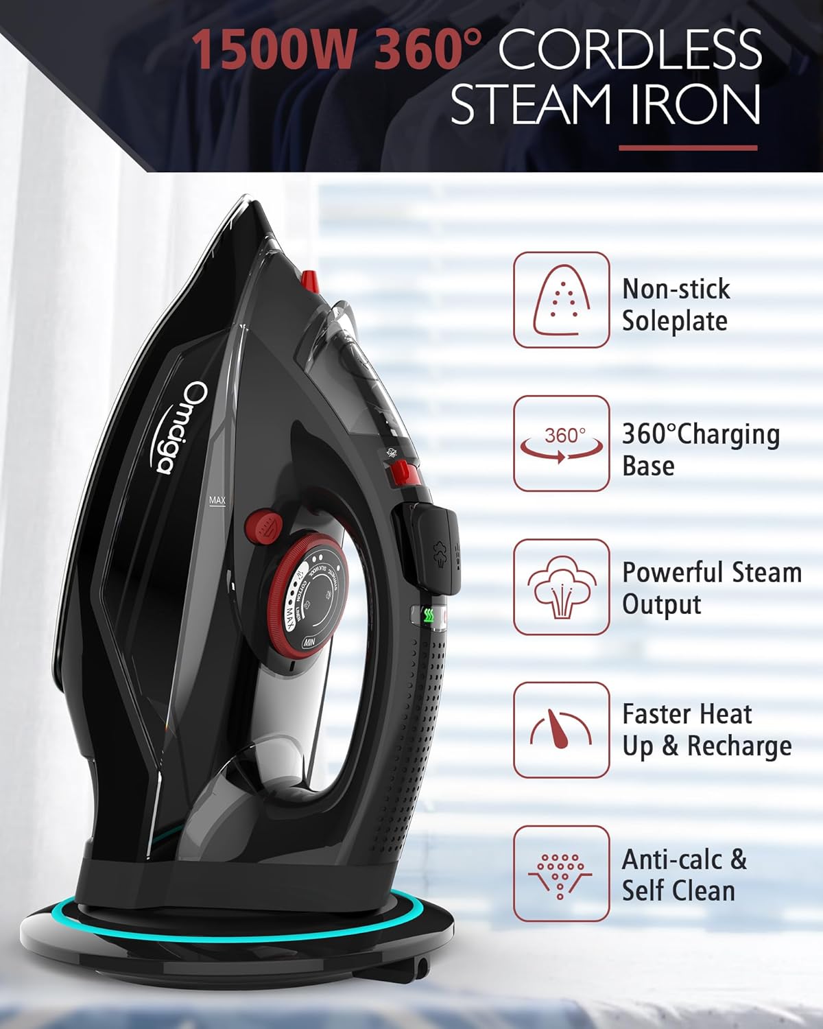 OMAIGA Cordless Iron for Clothes, 1500W Steam Iron Rapid Heating, Ceramic Soleplate, Auto Shut Off, Self-Clean, Anti-Calc, 3 Temperature Settings, 11.84oz Water Tank Ironing Clothes for Home, Black