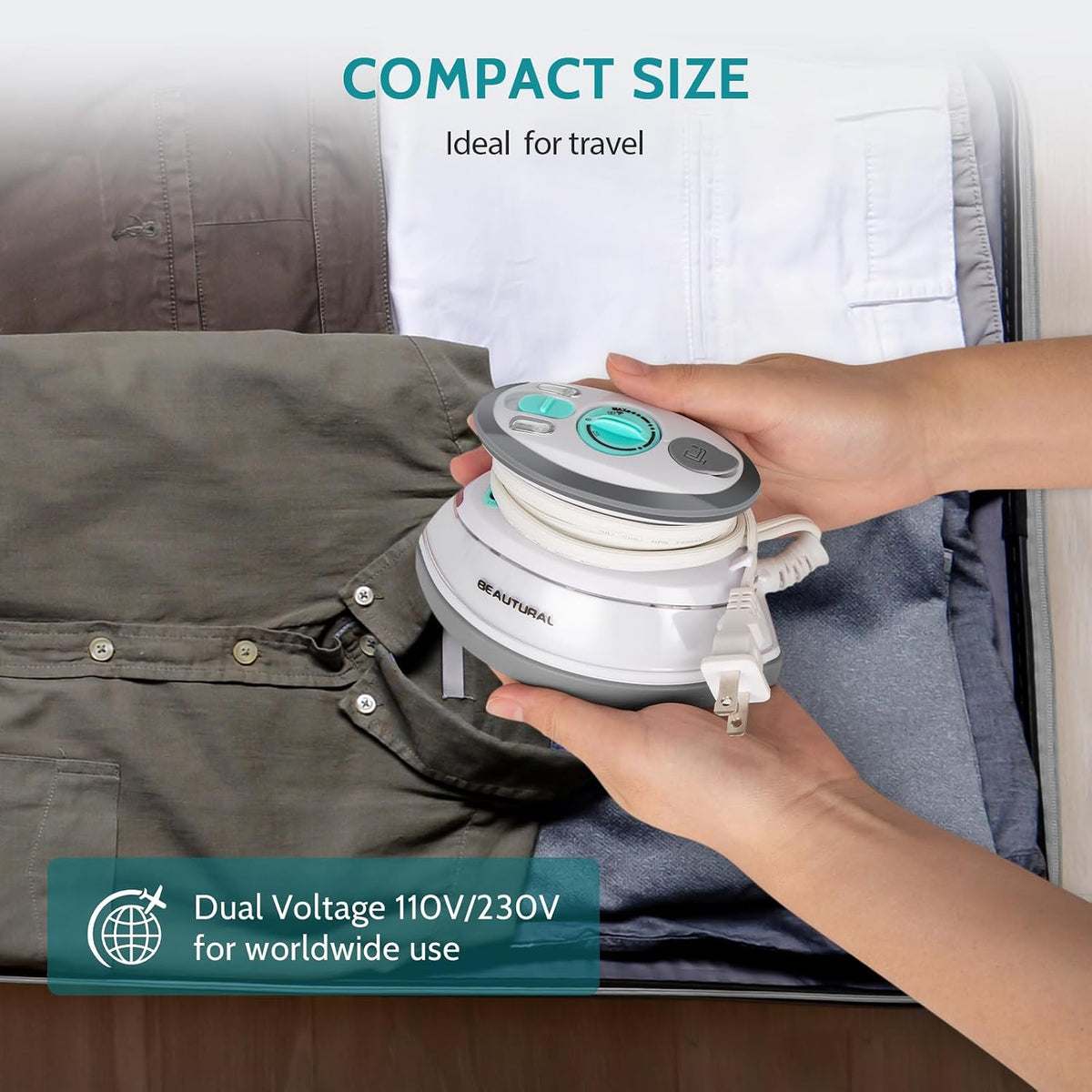 BEAUTURAL Mini Travel Steam Iron for Clothes with Dual Voltage