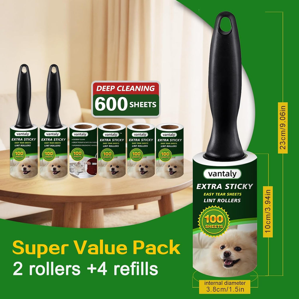 Lint Rollers for Pet Hair Extra Sticky, Lint Remover for Clothes, Clean The Hair on Sheeets Couch Furniture and Carpet,Dog lint Roller, 600 Sheets 2 Handles with 6 Rollers
