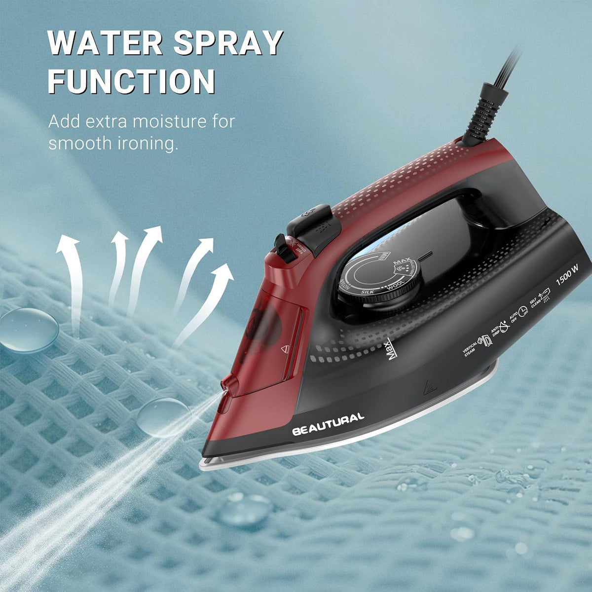 BEAUTURAL Steam Iron for Clothes, Ceramic-Coated Soleplate, 1500W, Black