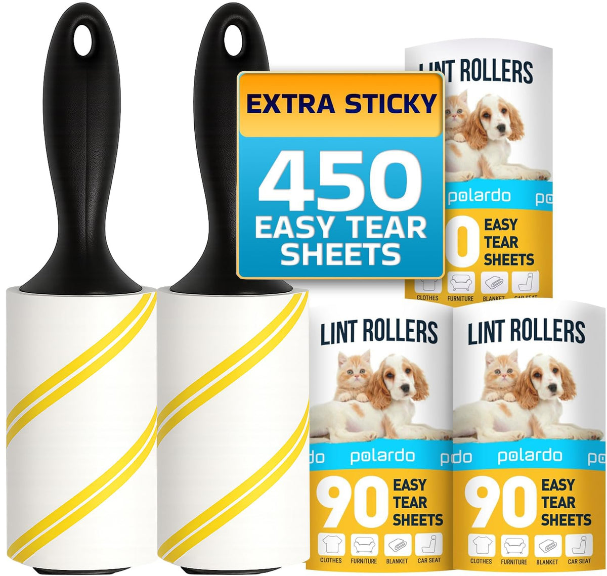 Lint Rollers for Pet Hair, White, Sticky Remover for Couch, Clothes, Furniture and Carpet, Dog and Cat Fur Remover, Animal Fuzz, 5 Large Sticky Rollers