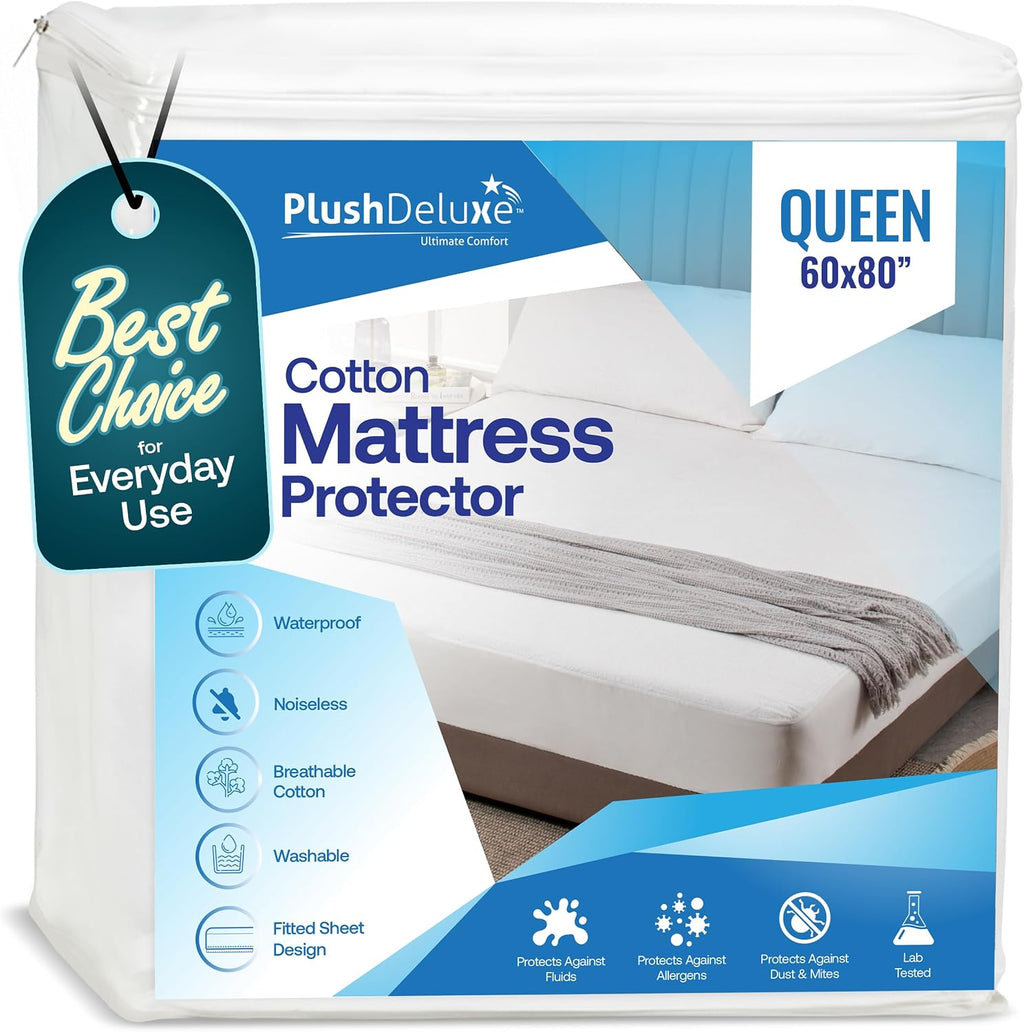 PlushDeluxe Waterproof Queen Mattress Protector, Terry Cotton
