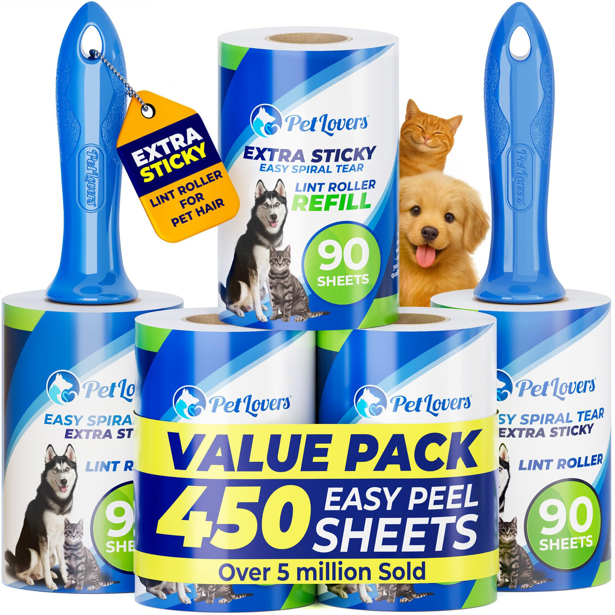 PetLovers Large Lint Roller with 3 Refills – 360 Total Sheets for Tackling Pet Hair, Extra Large Floor and Carpet Roller for Homes with Pets, Perfect for Floors, Furniture, and Loving Pet Owners