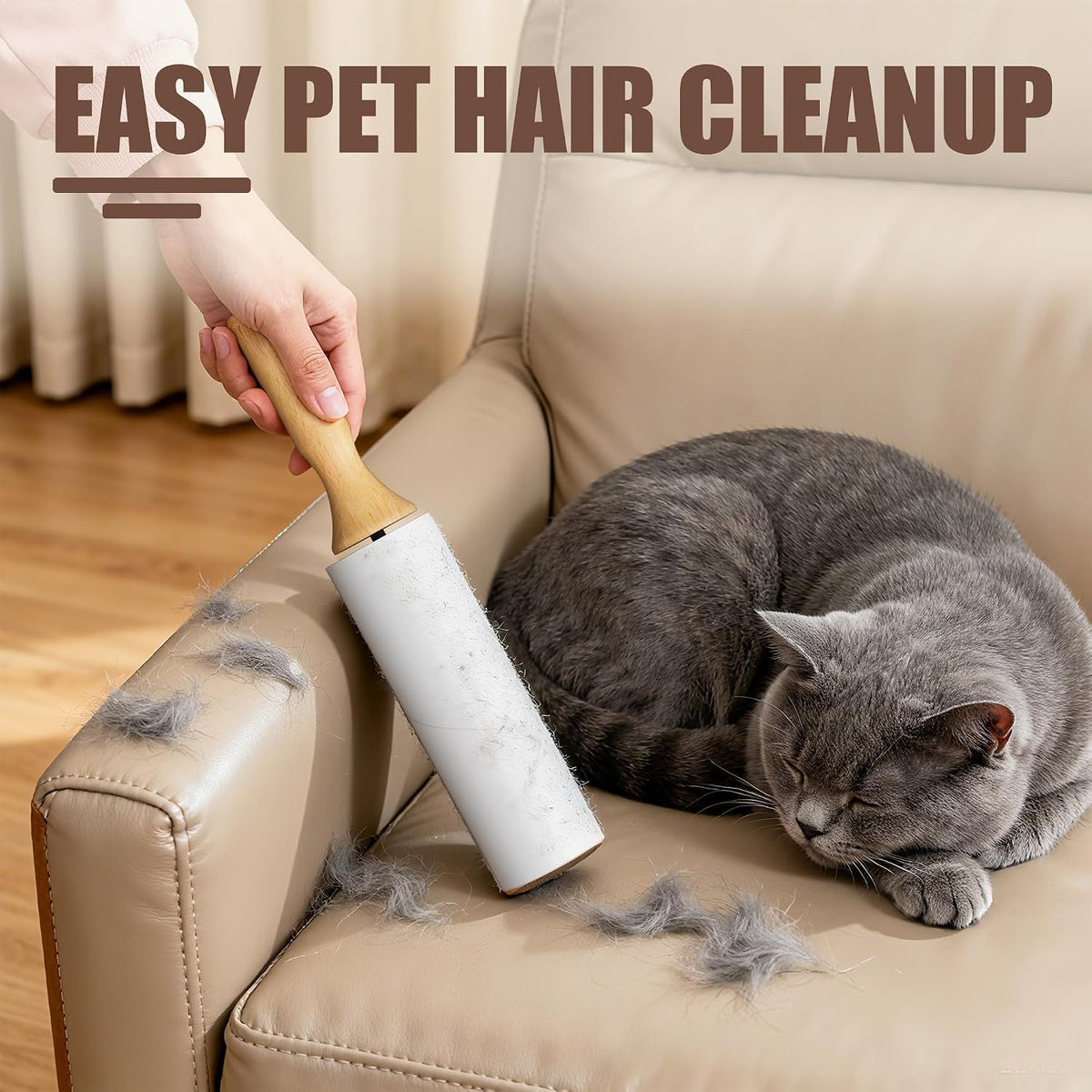Diagonal Tear Lint Roller with Wooden Handle- 6.3 Inch Refills, 4 Rolls x 100 Sheets with Adjustable Tool | Pet Hair Remover for Furniture, Clothing | Ergonomic Grip, Durable Design