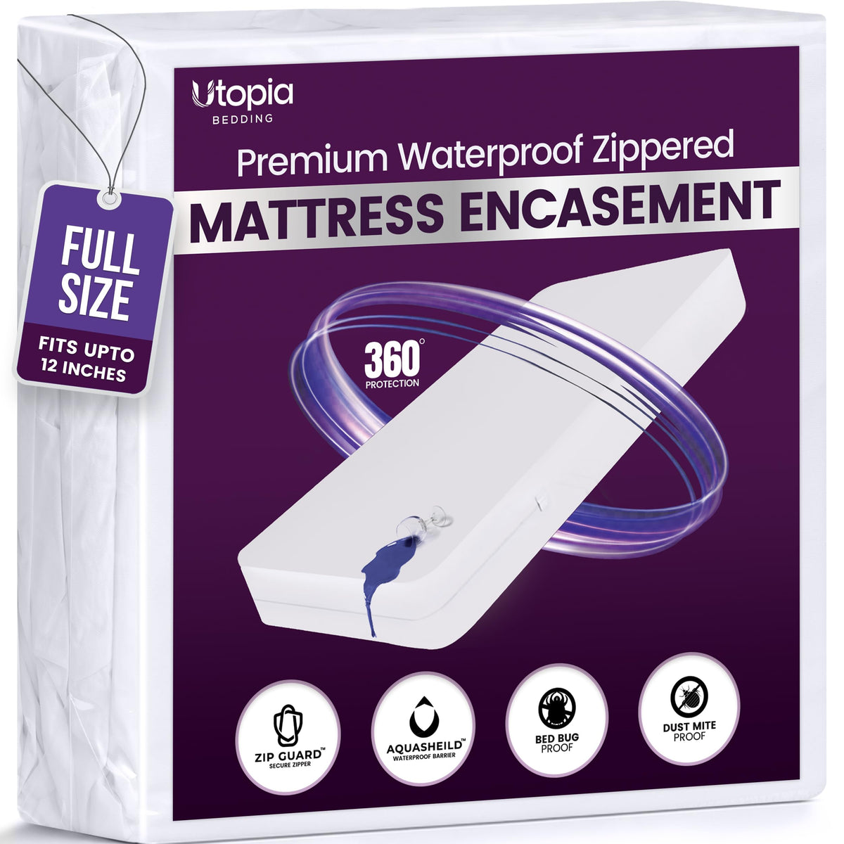 Waterproof Zippered Mattress Protector Queen Size, 12" Deep Pocket