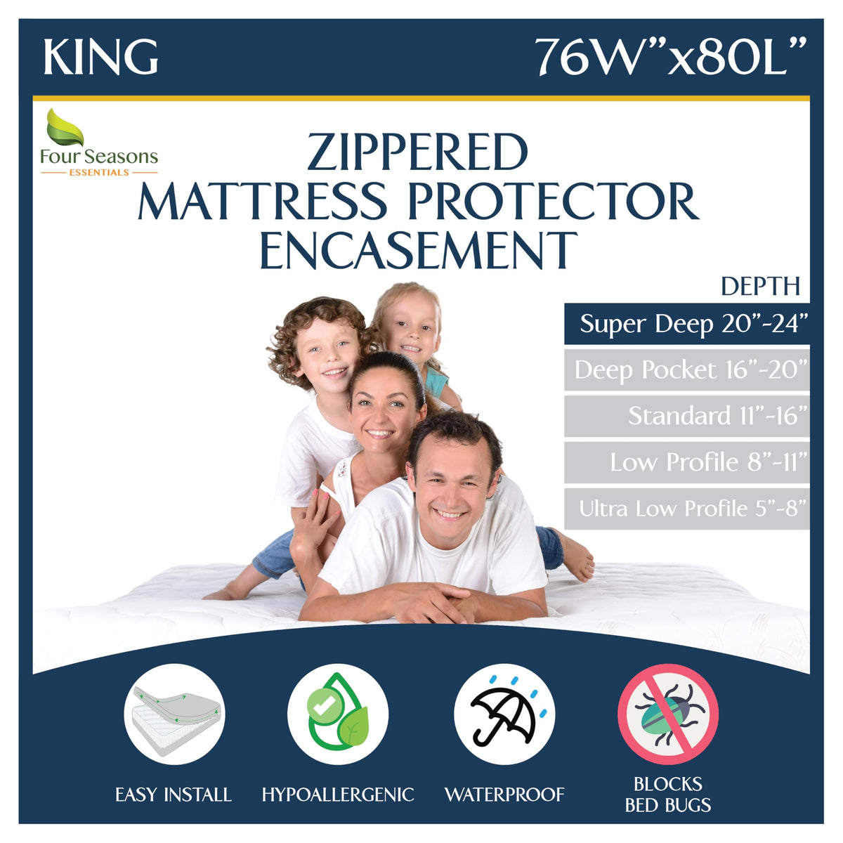 Queen Mattress Protector Bedbug Waterproof Zippered Cover - Deep Pocket Fits up to 20" Depth - Hypoallergenic Premium Quality Encasement Protects Against Dust
