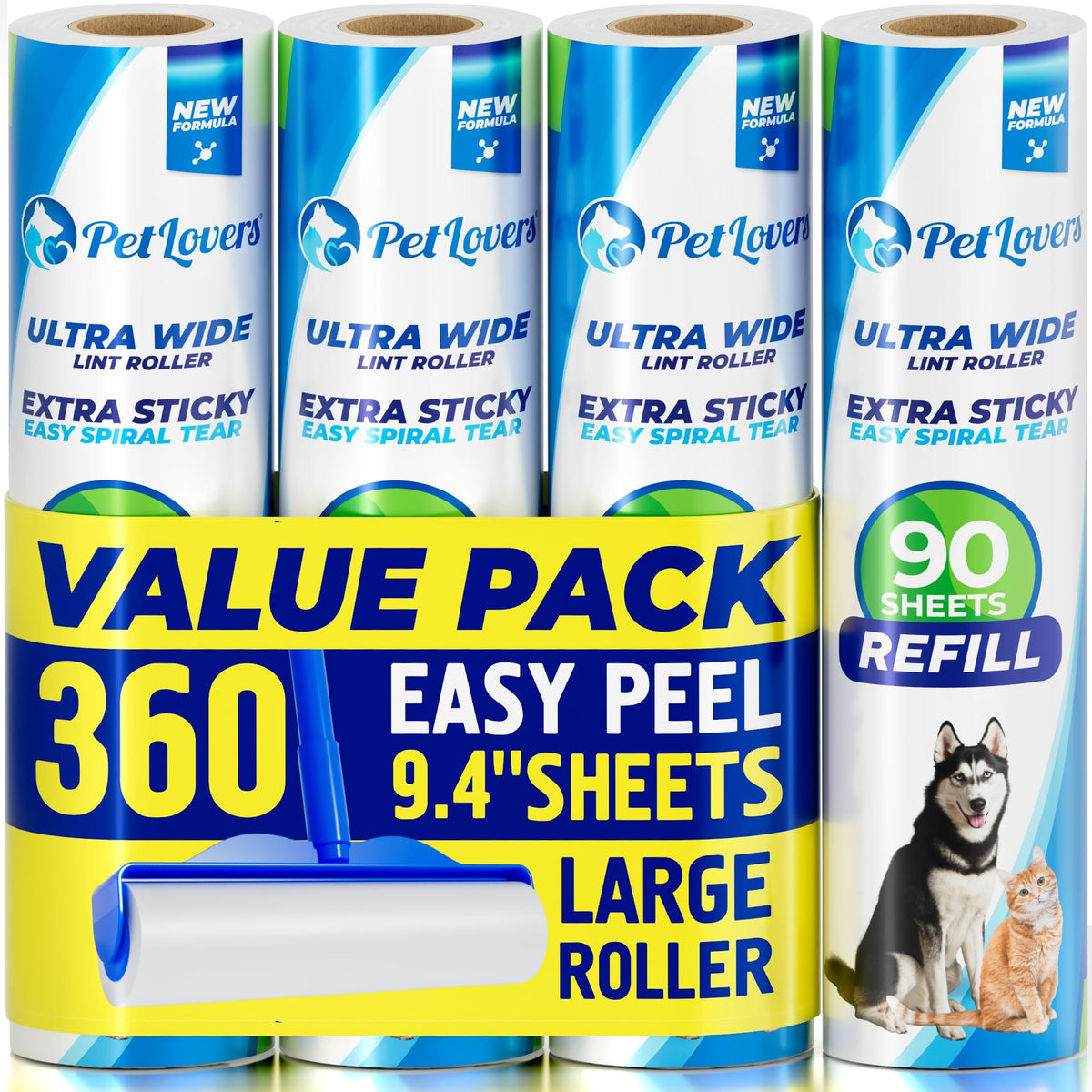 PetLovers Extra Sticky Lint Roller Mega Value Set 900 Sheets for Pet Hair Removal and Clothes, Dog and Cat Lint Remover, 10 Pack