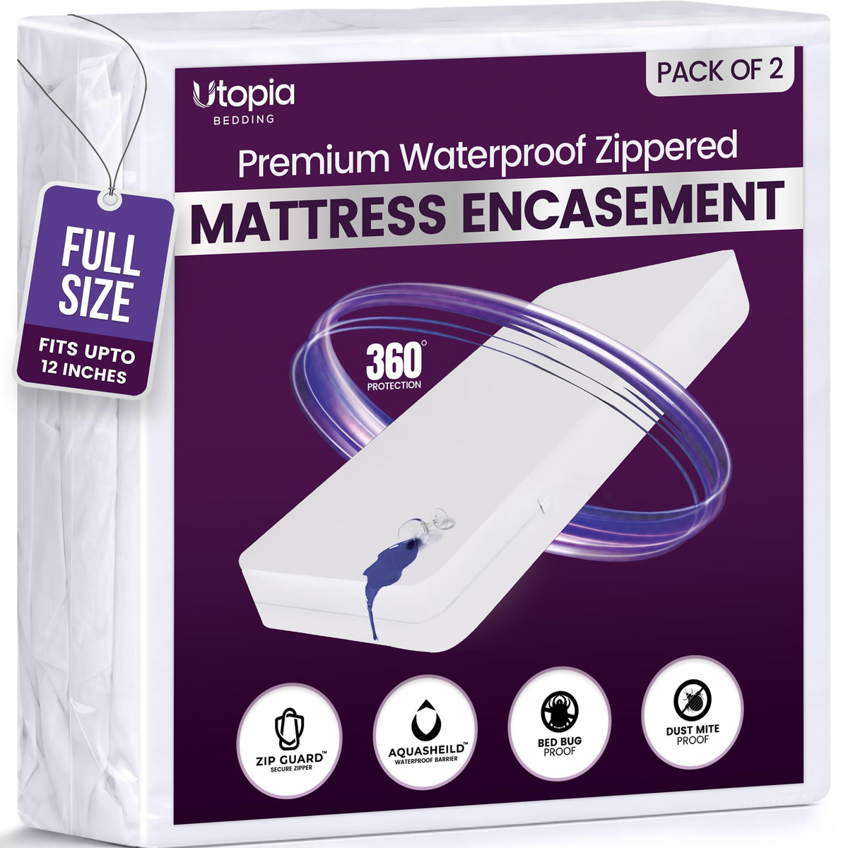 Waterproof Zippered Mattress Protector Queen Size, 12" Deep Pocket