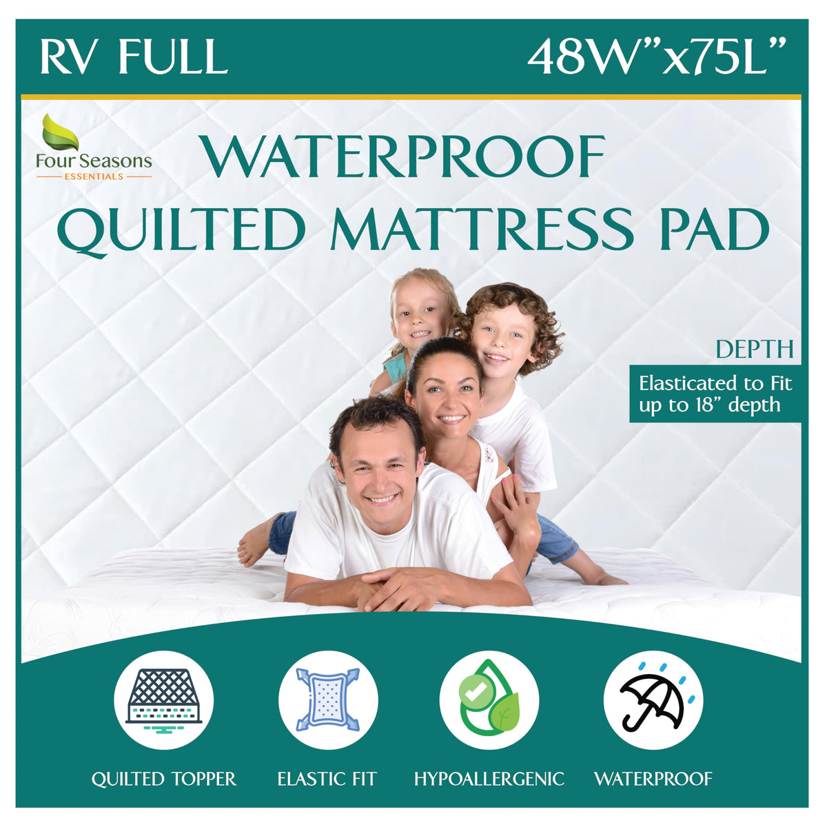 Four Seasons Essentials RV Bunk Size Waterproof Mattress Protector - Cooling Viscose derived from Bamboo Fitted Sheet Mattress Cover - Quilted Jacquard Pad Protects from Dust Allergens