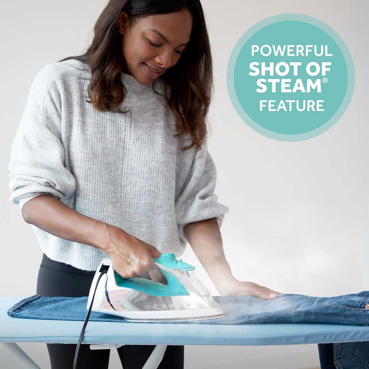 Sunbeam Turbo Steam Iron 1400W Quick Heat Stainless Steel Soleplate Shot of Steam Horizontal and Vertical 3 Way Auto Off 240ml Water Tank White Teal
