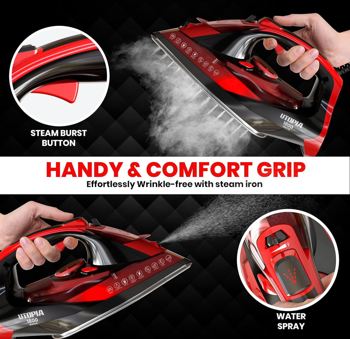 Utopia Home Steam Iron - 1800W Non-Stick Soleplate (Black-Red, Classic)