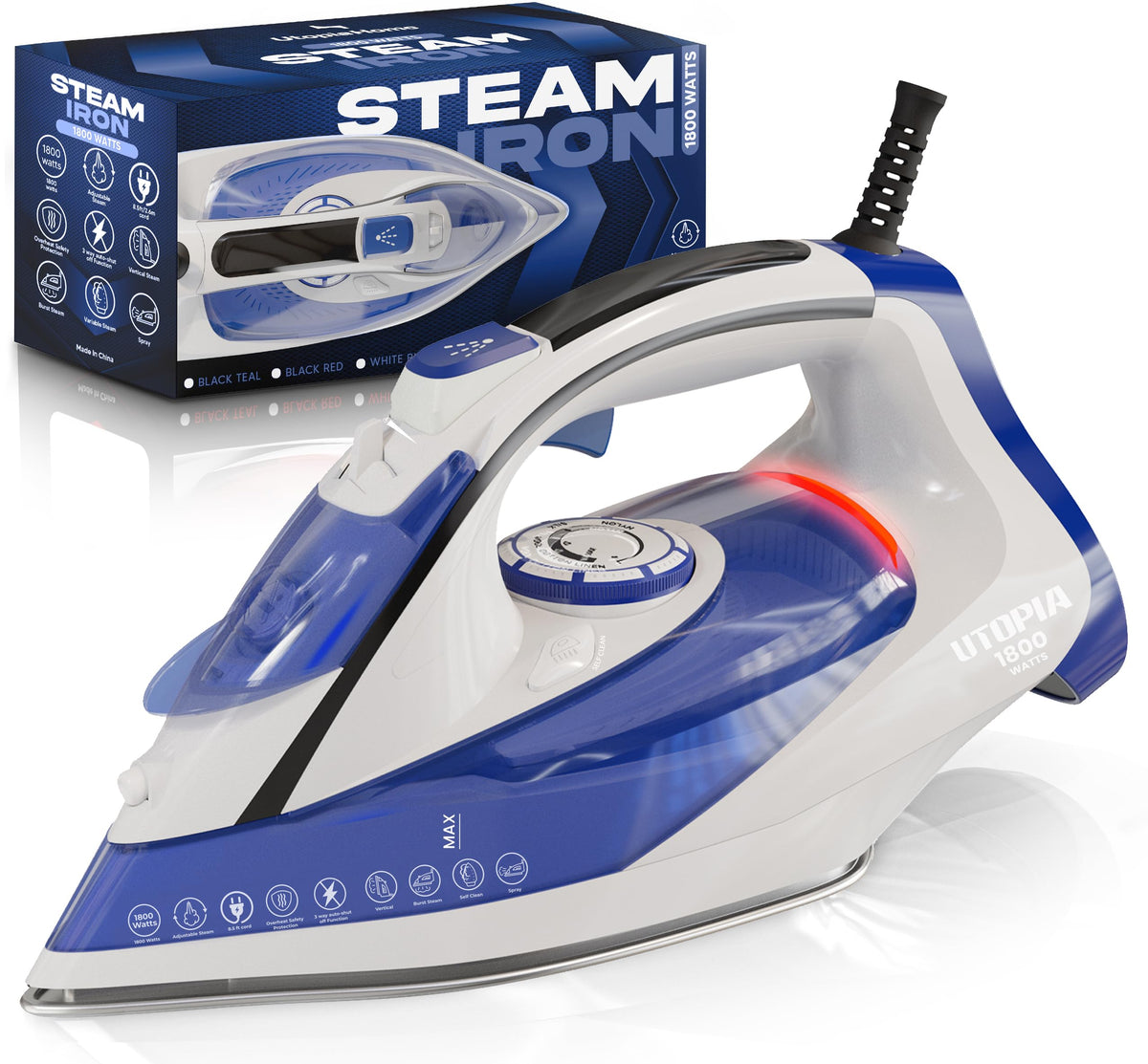 Utopia Home Steam Iron - 1800W Non-Stick Soleplate (Black-Red, Classic)