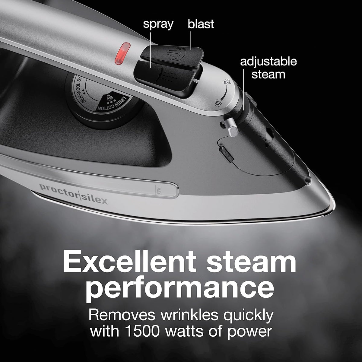 Proctor Silex Steam Iron for Clothes with Durable Stainless Steel Soleplate, 1500 Watts, 8’ Retractable Cord, 3-Way Auto Shutoff, Anti-Drip, Gray and Black (14250)