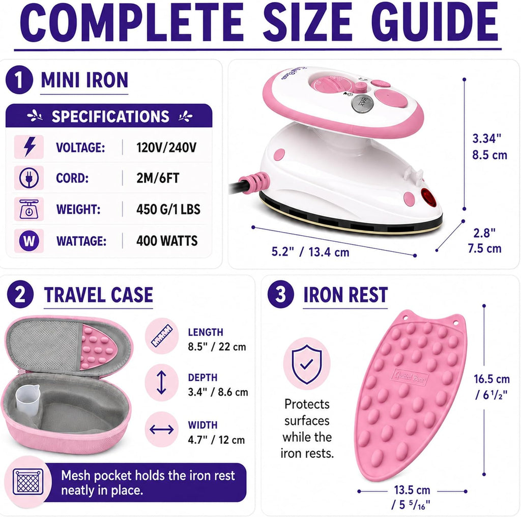 The Quilted Bear Premium Mini Steam Iron for Quilting and Travel, Pink