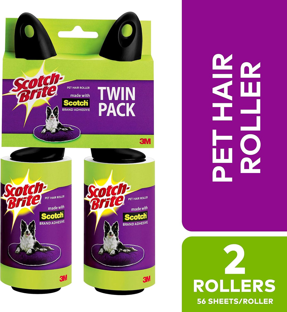 Scotch-Brite Pet Hair & Lint Roller, Twin Pack, Works Great On Pet Hair, 2 Rollers, 56 Sheets Per Roller