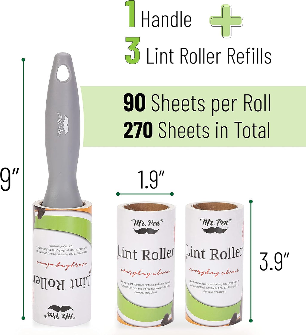 Mr. Pen- Lint Rollers, 1 Handle with 3 Refills, 270 Sheets