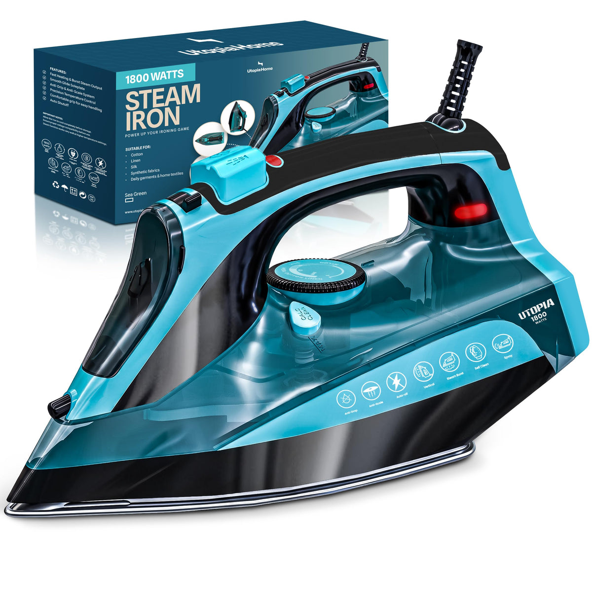 Utopia Home Steam Iron - 1800W Non-Stick Soleplate (Black-Red, Classic)
