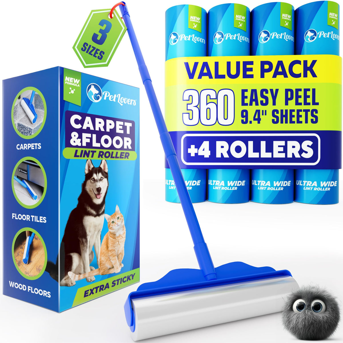 PetLovers Extra Sticky Lint Roller Mega Value Set 900 Sheets for Pet Hair Removal and Clothes, Dog and Cat Lint Remover, 10 Pack