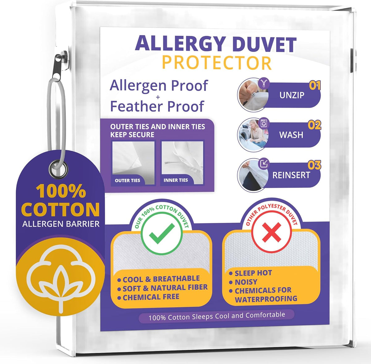 Allersoft| All Cotton Dust, Pet Dander, Feather, Pollen & Allergy Control Duvet Protector (106x96)