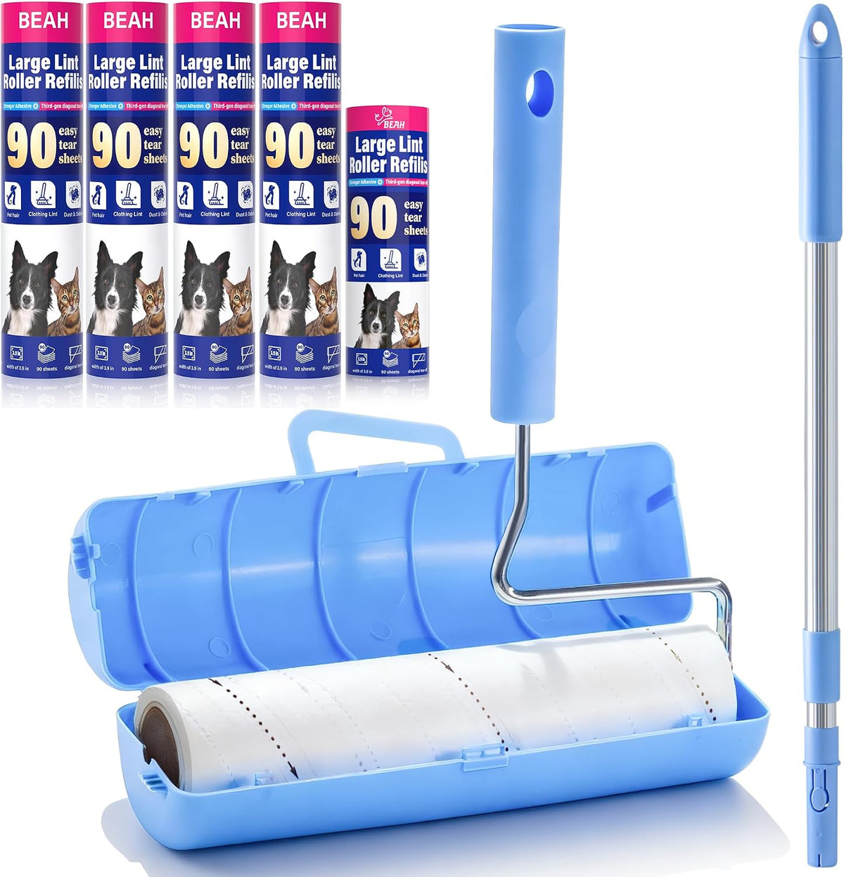 BEAH Large Lint Roller for Pet Hair Extra Sticky,9.45''Pet Hair Removal Tool Roller for Pet Dog Cat Hair (1 Roller+4 Long Rolls 1 Short roll)
