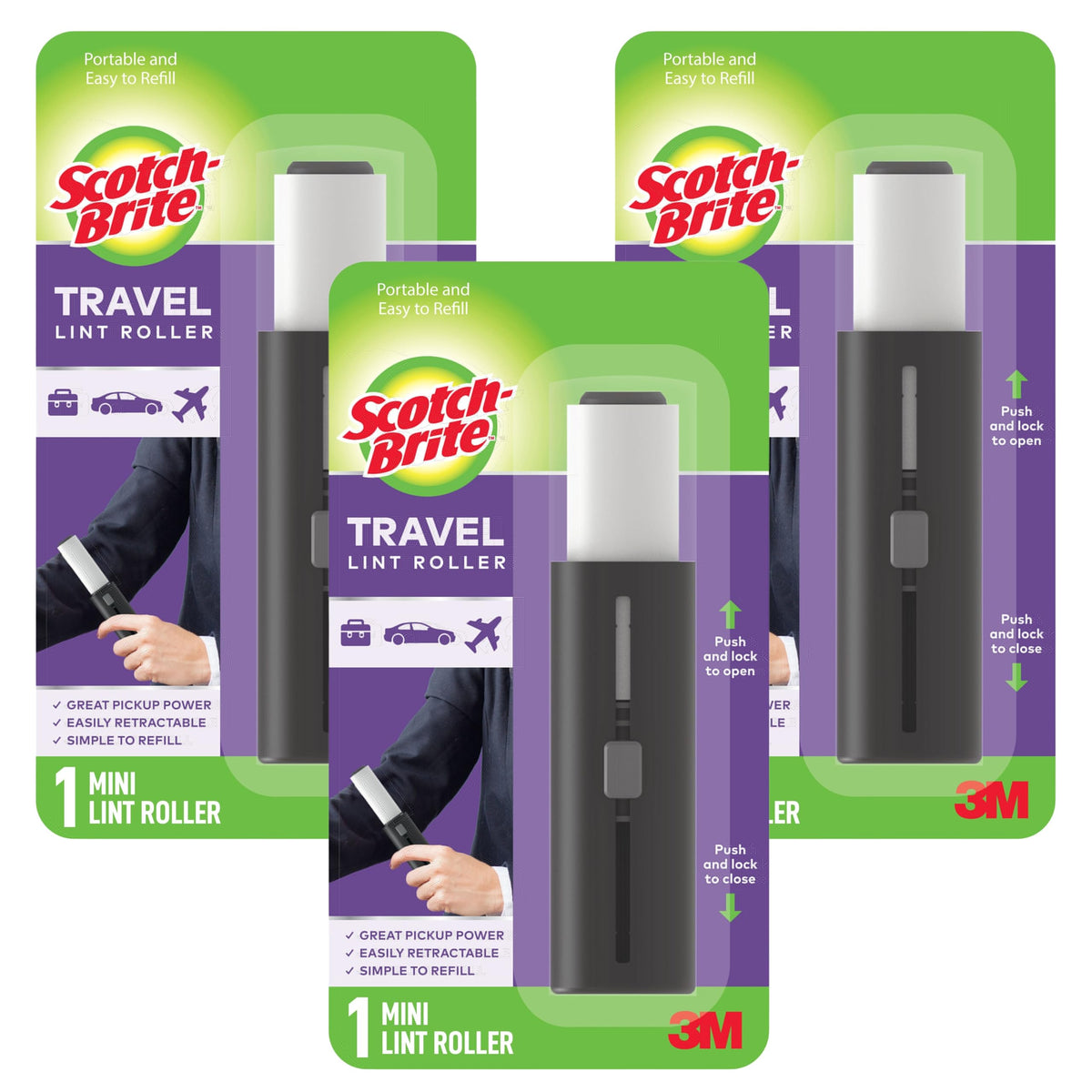 Scotch-Brite Retractable Lint Rollers 2-Pack, Portable Travel-Size Lint Removers for Pet Hair on Clothes, Furniture & Car, 3 in x 8.5 in Mini Rollers, 30 Sticky Sheets Each