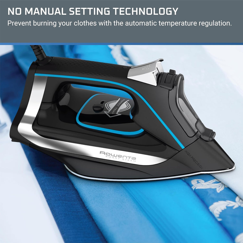 Rowenta, Iron, Smart Temp Stainless Steel Soleplate Steam Iron for Clothes, 380 Microsteam Holes, 1725 Watts Ironing, Auto-Off, Fabric Steamer, Black Clothes Iron, DW3261, Black