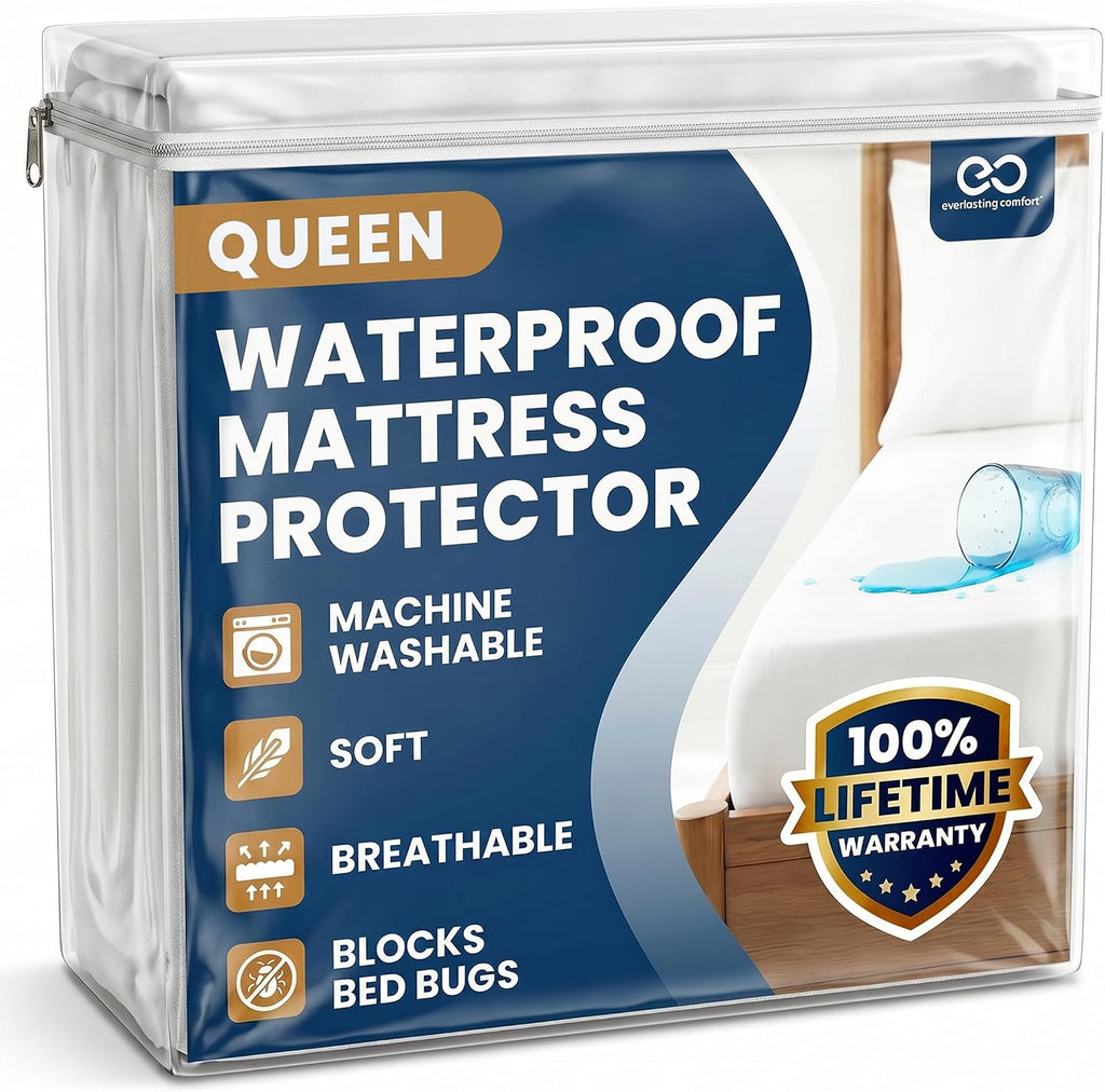 Everlasting Comfort Premium Queen Size Mattress Protector - Waterproof & Breathable, Noiseless Design, Washable Cover, 18" Deep Pocket, Stain Resistant Cover for Sleep Hygiene