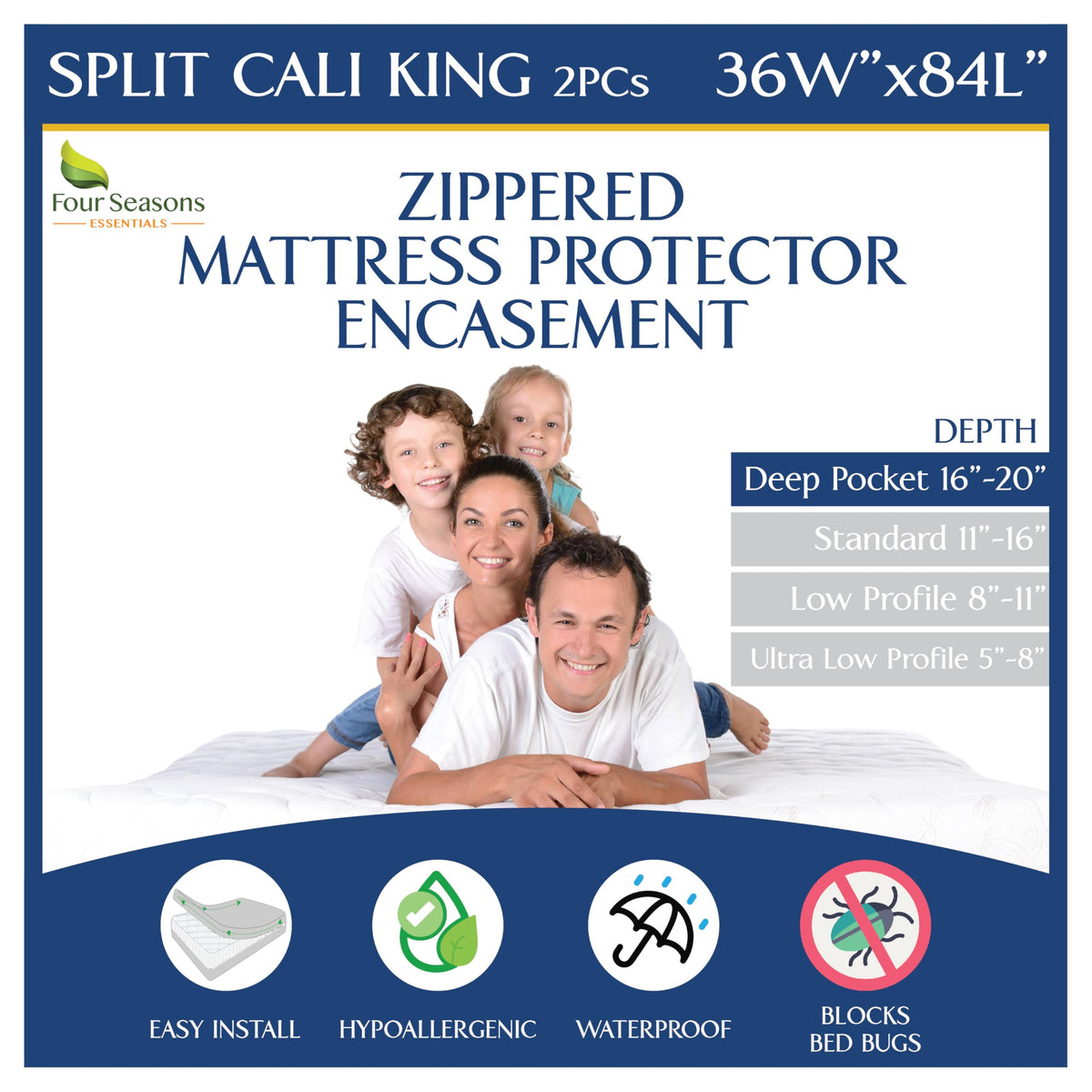 Queen Mattress Protector Bedbug Waterproof Zippered Cover - Deep Pocket Fits up to 20" Depth - Hypoallergenic Premium Quality Encasement Protects Against Dust