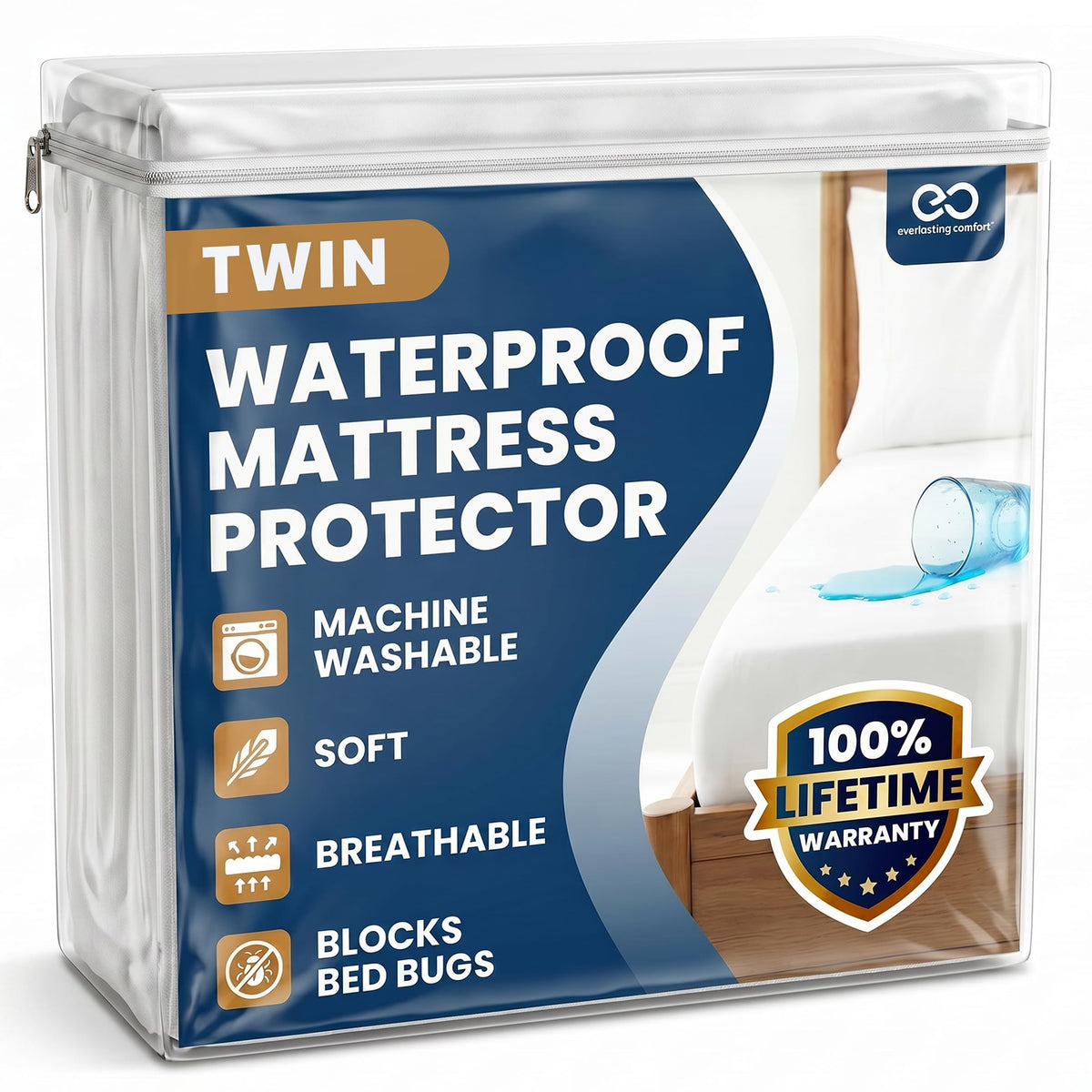 Everlasting Comfort Premium Queen Size Mattress Protector - Waterproof & Breathable, Noiseless Design, Washable Cover, 18" Deep Pocket, Stain Resistant Cover for Sleep Hygiene
