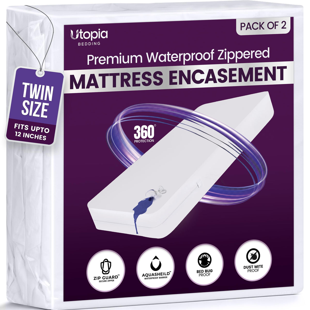 Waterproof Zippered Mattress Protector Queen Size, 12" Deep Pocket