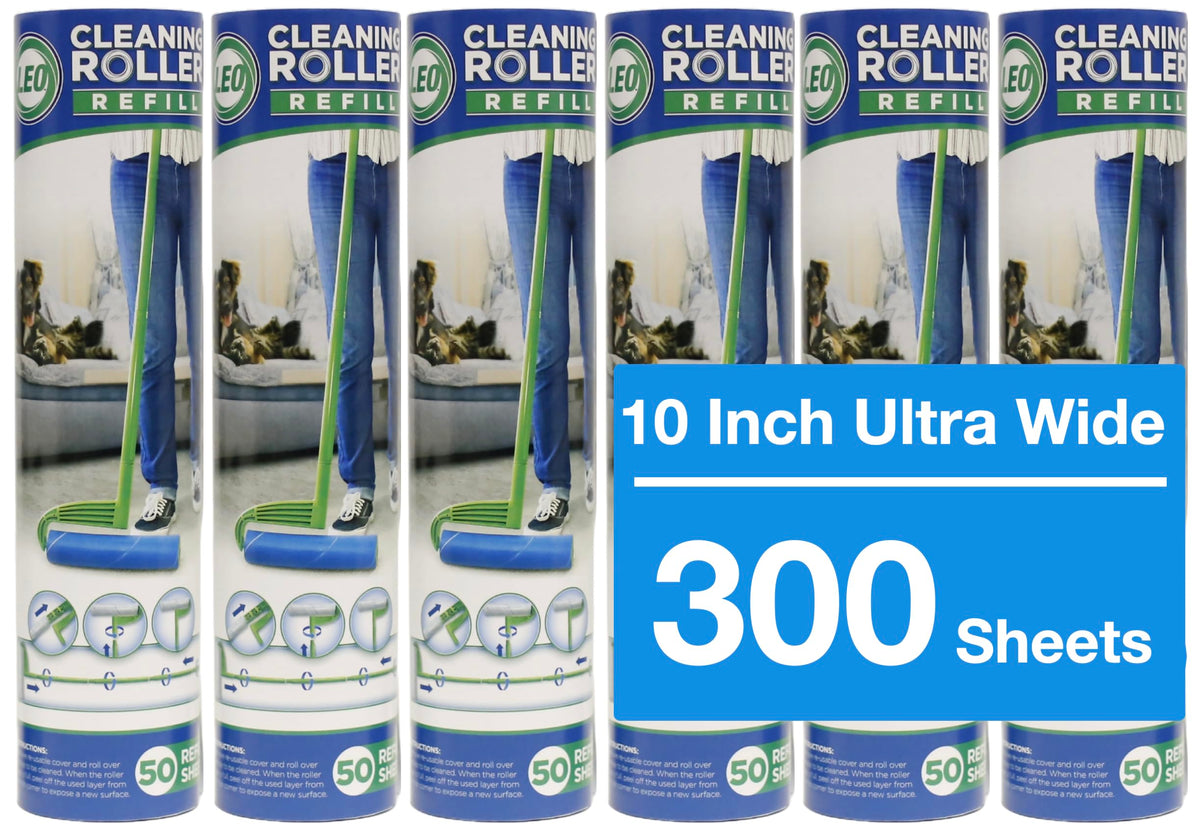 Leo 10-Inch Wide Lint Roller Refills, 6 Rolls with 50 Sheets Each (300 Sheets Total), Extra Sticky for Pet Hair, Carpet & Floor Cleaning