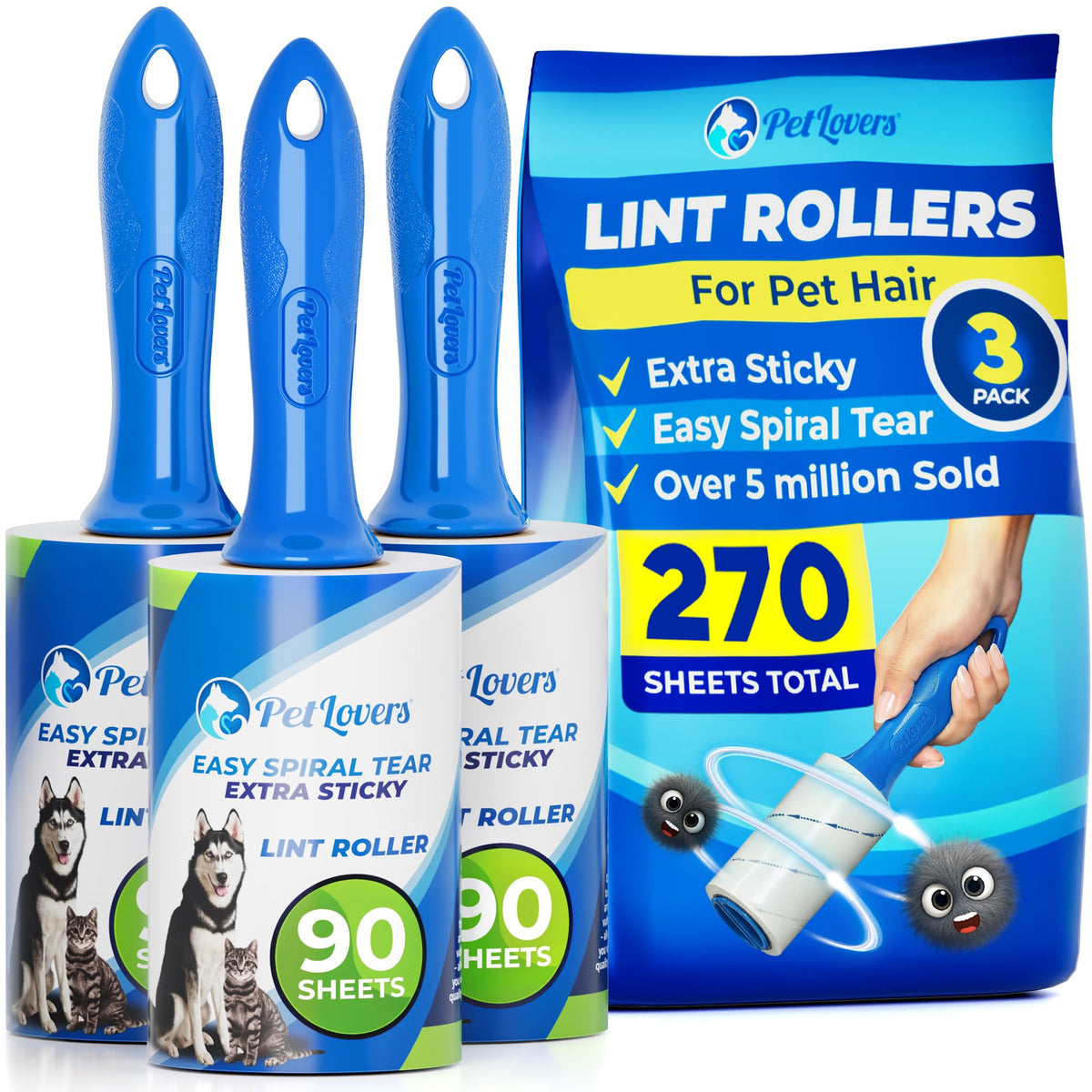 PetLovers Extra Sticky Lint Roller Mega Value Set 450 Sheets for Pet Hair Removal and Clothes, Dog and Cat Lint Remover 5 Pack