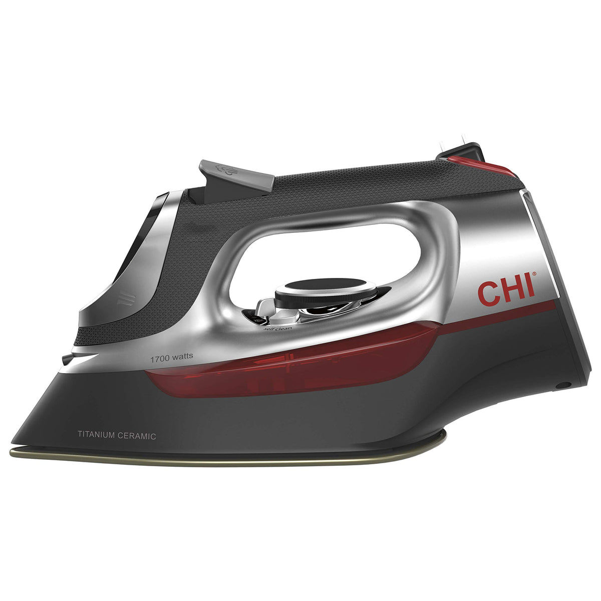 CHI Steam Iron for Clothes with 8' Retractable Cord, 1700 Watts, 3-Way Auto Shutoff, 400+ Holes, Professional Grade, Temperature Control Dial, Lava Infused Ceramic Soleplate, Black and Red (13113N)
