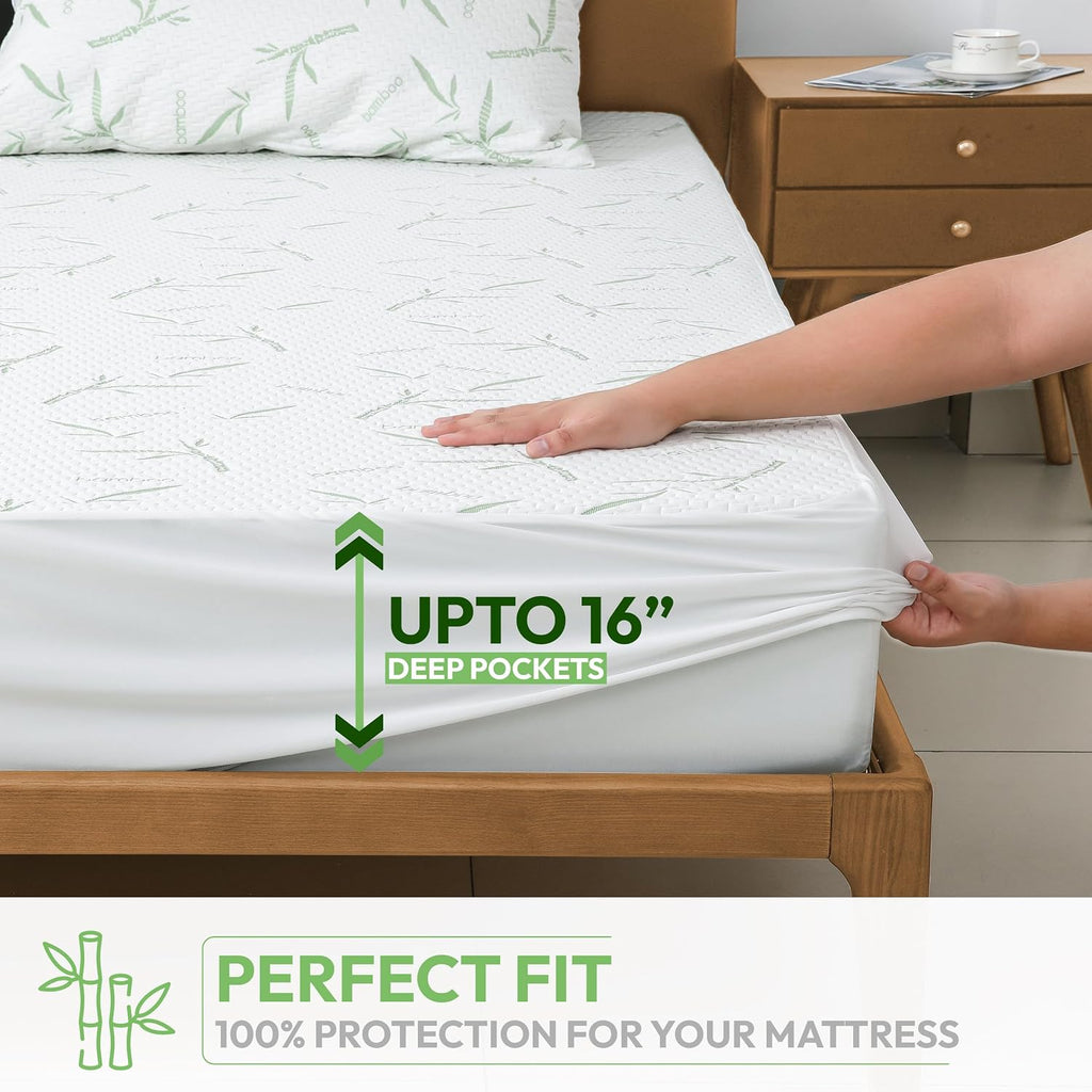 Hannah Linen Queen Mattress Protector, Cooling Rayon dervied from Bamboo Viscose, 100% Waterproof - Fitted Sheet Style, Deep Pocket
