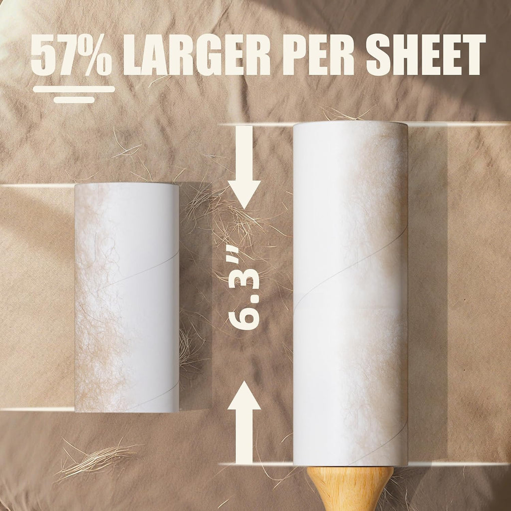 Diagonal Tear Lint Roller with Wooden Handle- 6.3 Inch Refills, 4 Rolls x 100 Sheets with Adjustable Tool | Pet Hair Remover for Furniture, Clothing | Ergonomic Grip, Durable Design