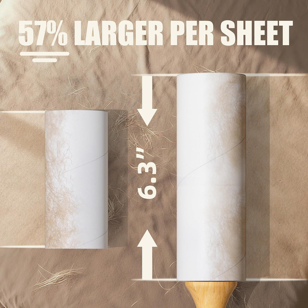 Diagonal Tear Lint Roller with Wooden Handle- 6.3 Inch Refills, 4 Rolls x 100 Sheets with Adjustable Tool | Pet Hair Remover for Furniture, Clothing | Ergonomic Grip, Durable Design