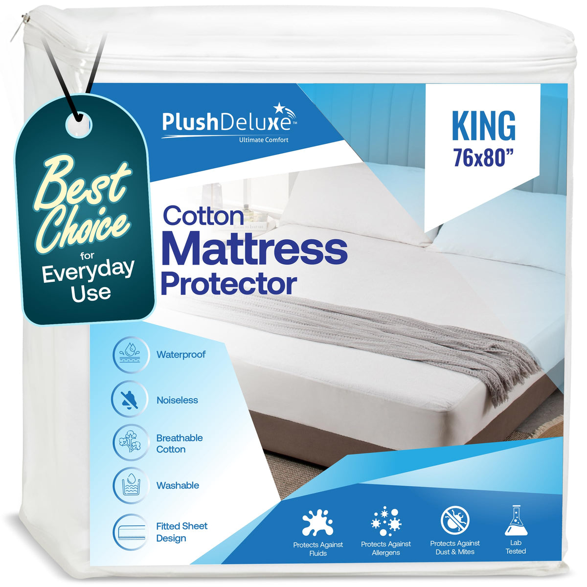 PlushDeluxe Waterproof Queen Mattress Protector, Terry Cotton