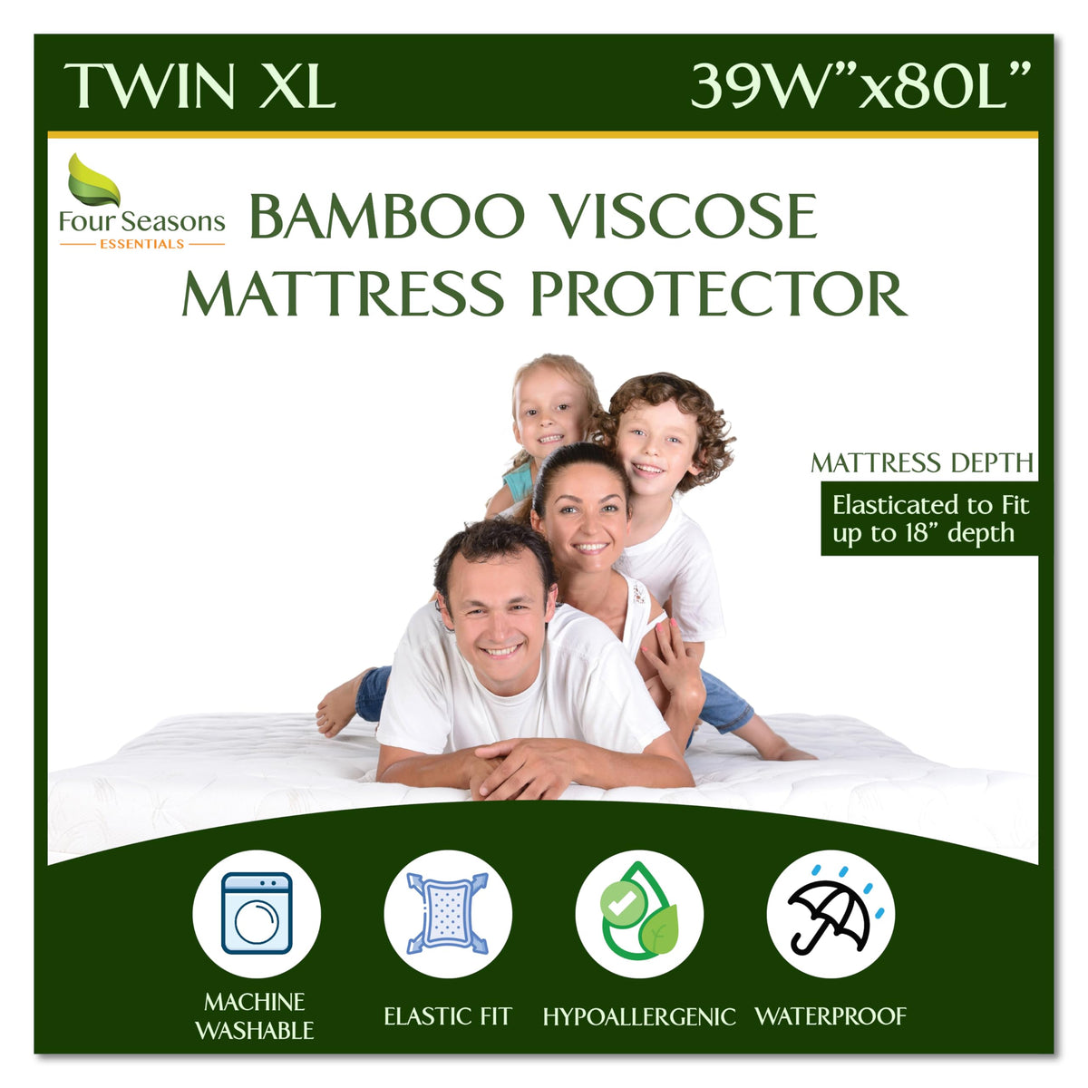Four Seasons Essentials RV Bunk Size Waterproof Mattress Protector - Cooling Viscose derived from Bamboo Fitted Sheet Mattress Cover - Quilted Jacquard Pad Protects from Dust Allergens