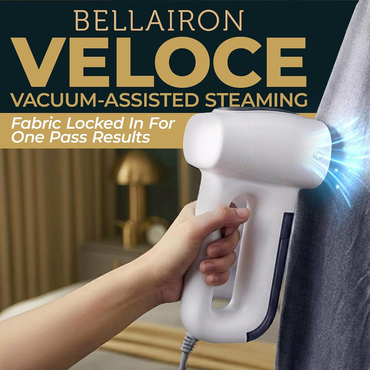 Bellairon Veloce Vacuum Garment Steamer, Next-Generation Handheld Clothing Steamer with 2500Pa Suction for Fabric Grip, Fast-Dry & Wearable Results, One-Hand Operation, 1100W, 120V